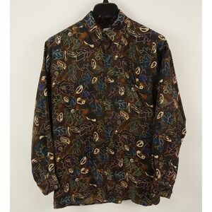 Vintage Burma Bibas Mens Medium Relaxed Silk Satin Brown Blue Green Floral Shirt